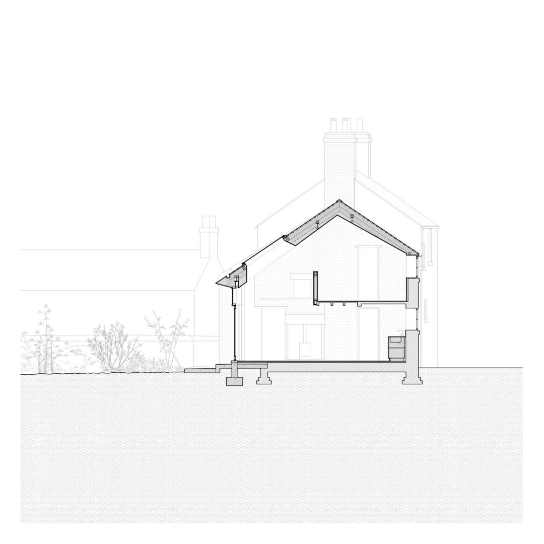 Architectural cross-section of a house designed by Bristol architects, showcasing internal structures, rooms, and roofing. The diagram includes walls, windows, and basement details, with an adjacent outlined building and outdoor vegetation in the background.