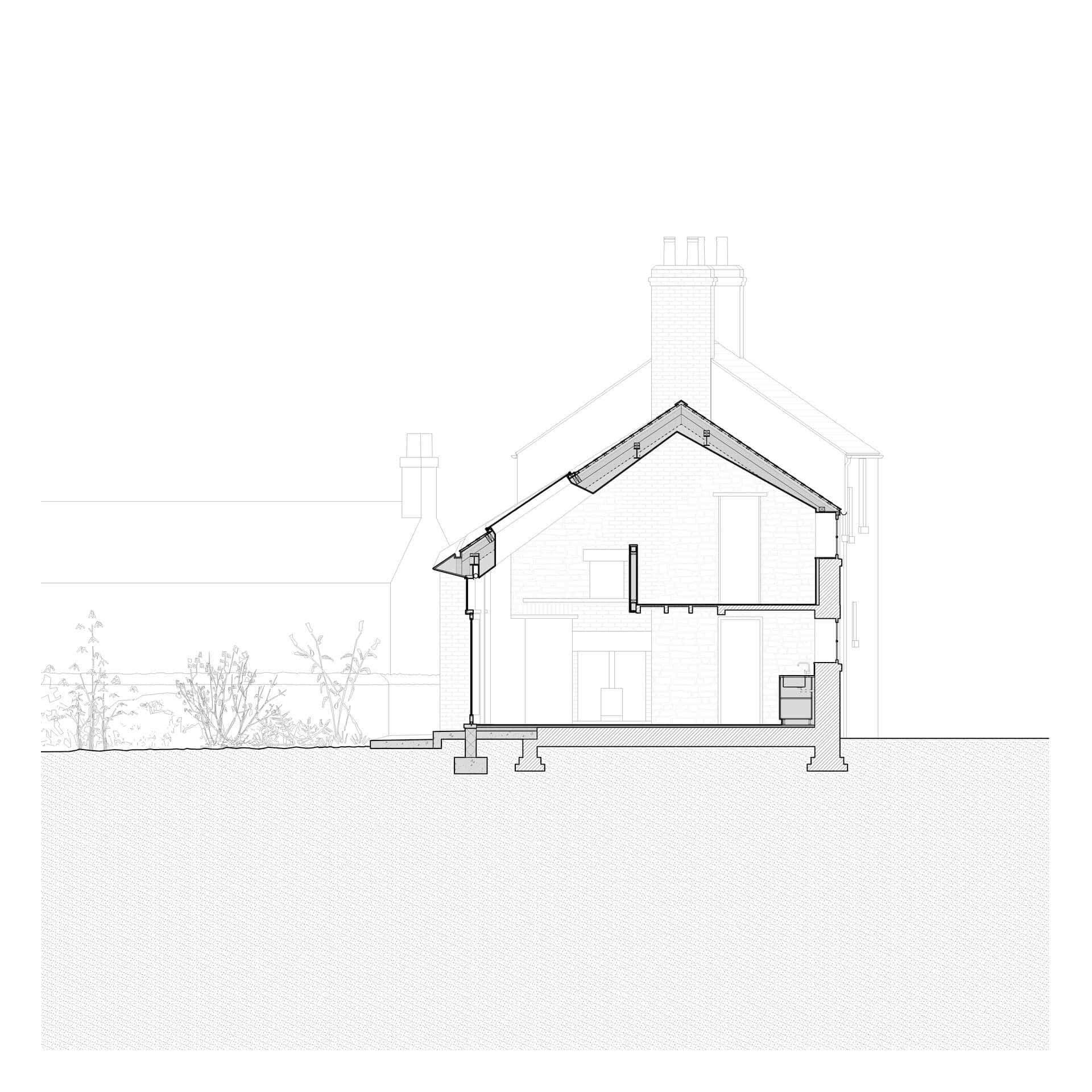 Architectural cross-section of a house designed by Bristol architects, showcasing internal structures, rooms, and roofing. The diagram includes walls, windows, and basement details, with an adjacent outlined building and outdoor vegetation in the background.