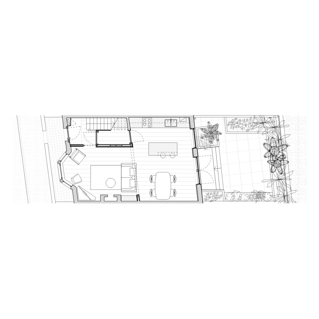 Detailed architectural plan of a home's ground floor. Features include a living room with bay window, a dining area, and a kitchen with a central island. To the right is an outdoor patio area surrounded by plants, with access through patio doors.