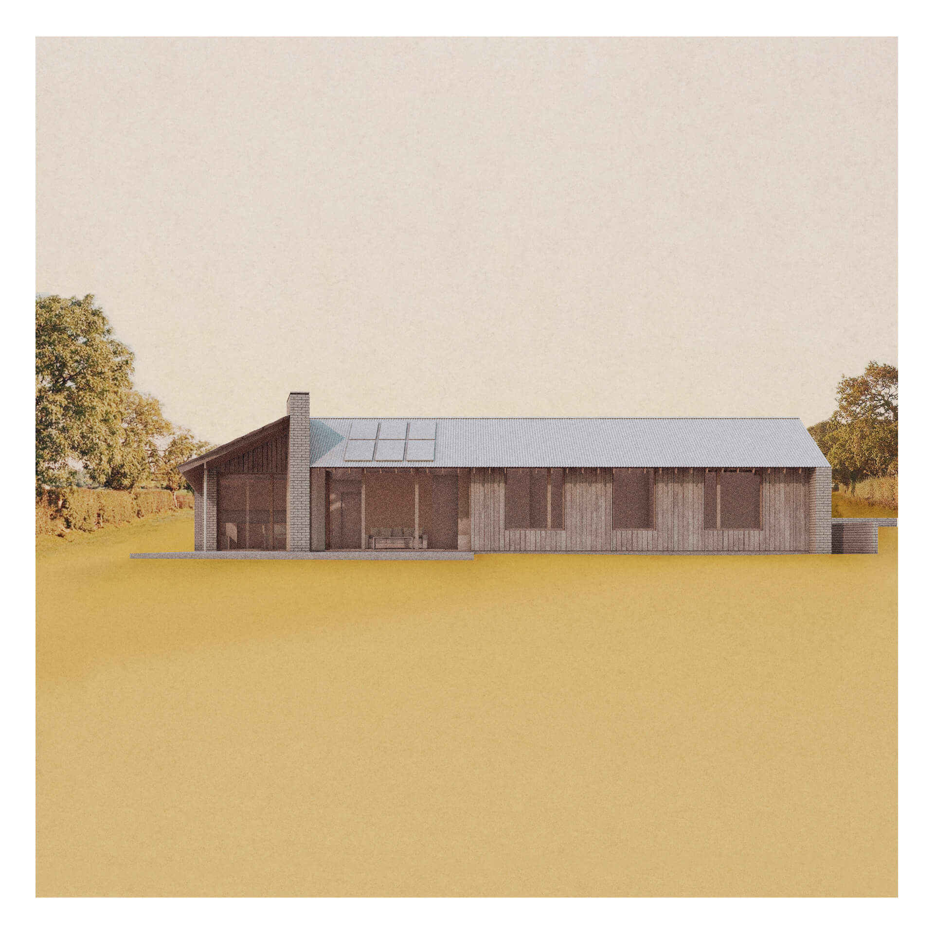 A minimalist architectural rendering of a single-story, wooden house with a slanted roof and large windows. A chimney is visible on one side. The house is set in a grassy area with trees in the background under a clear sky.