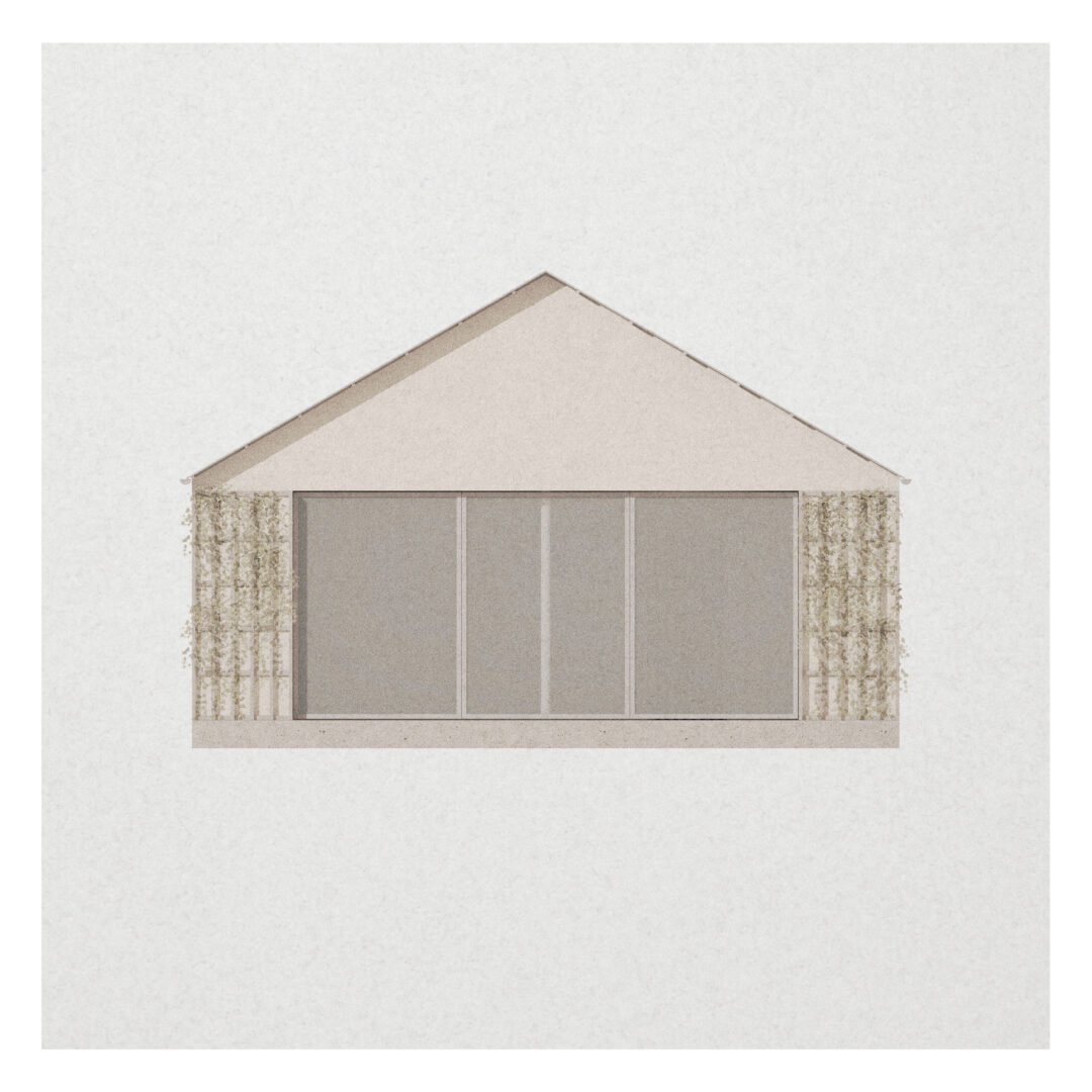 Illustration of a modern house exterior with a triangular roof and large glass sliding doors. There are vertical plant trellises on both sides of the doors. The design has a minimalist and neutral color scheme.