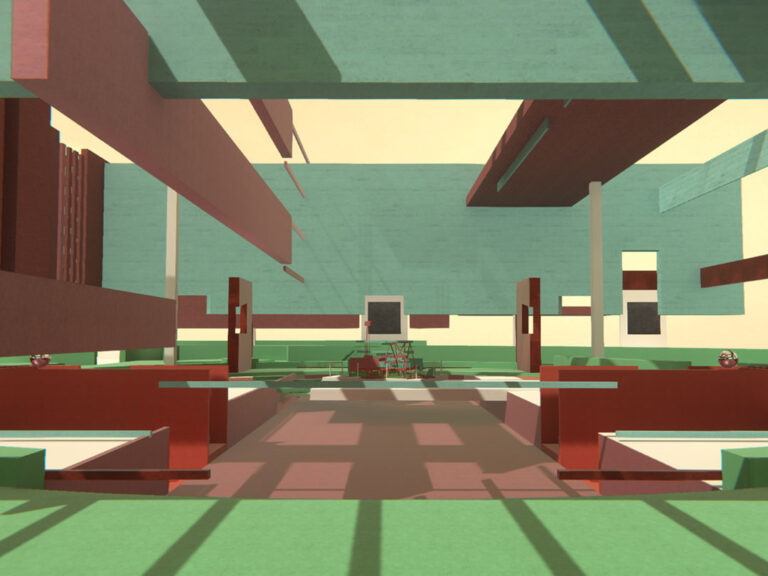 A digitally rendered, abstract architectural space featuring red and teal geometric shapes, columns, and a central pathway. Shadows and light patterns create a dynamic effect across the floor and walls.