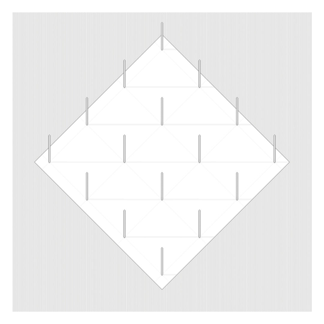A symmetrical geometric pattern featuring a diamond shape divided into smaller triangles is displayed in the virtual gallery design. Shaded bars of varying heights extend vertically from several points, creating depth and dimension against a light striped background.