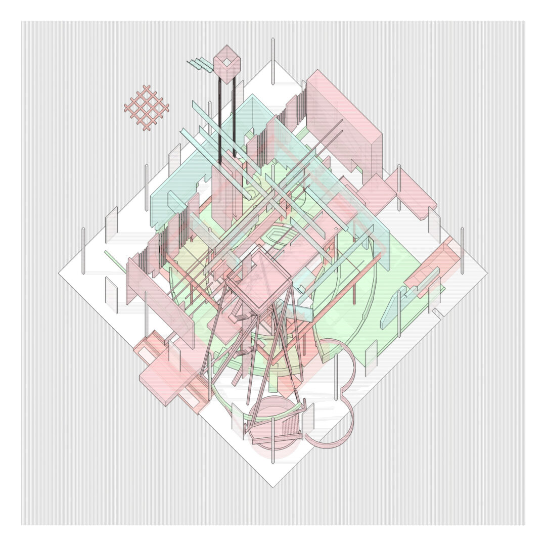 Abstract architectural diagram showcasing a virtual gallery design with a complex, multi-layered structure. Intersecting planes and lines in pastel pink, green, and blue hues are elegantly set on a white grid-like background.