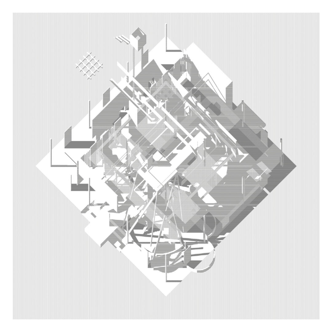 Explore a virtual gallery design showcasing abstract geometric art with a complex arrangement of overlapping lines, shapes, and structures in grayscale. The composition features a mix of linear and angular elements, creating a maze-like appearance with varied shading and depth.