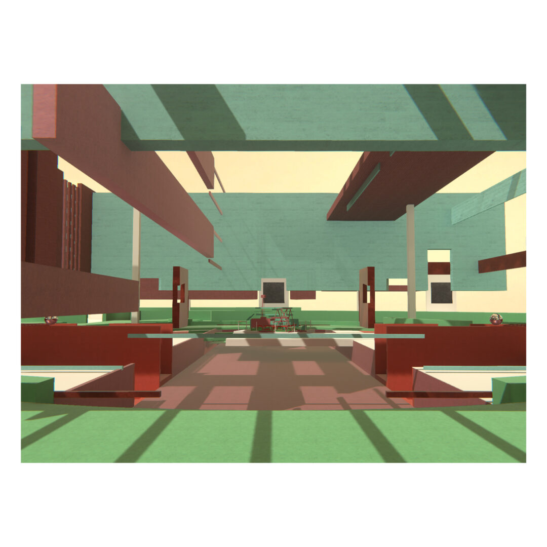 Modern architectural design with geometric shapes and open space seamlessly integrates virtual gallery elements. The structure features green, brown, and beige panels with horizontal elements, an open ceiling, and symmetrical red structures resembling benches or counters. Bright lighting enhances depth.