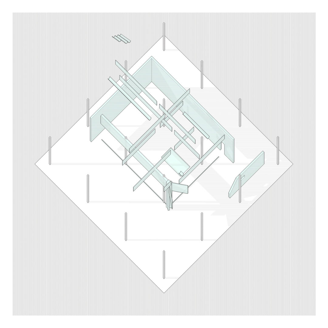 An abstract architectural sketch featuring overlapping geometric shapes and faint lines on a white background captures the essence of a virtual gallery design. Various poles and beams intersect at different angles, forming a three-dimensional, minimalist structure.