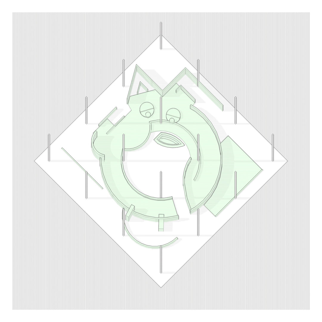 Abstract image of a circular, stylized animal shape, possibly a cat, in pale green on a diamond-shaped, light gray background with vertical lines. This virtual gallery design incorporates geometric shapes and lines overlaying the central figure, creating an intriguing visual experience.