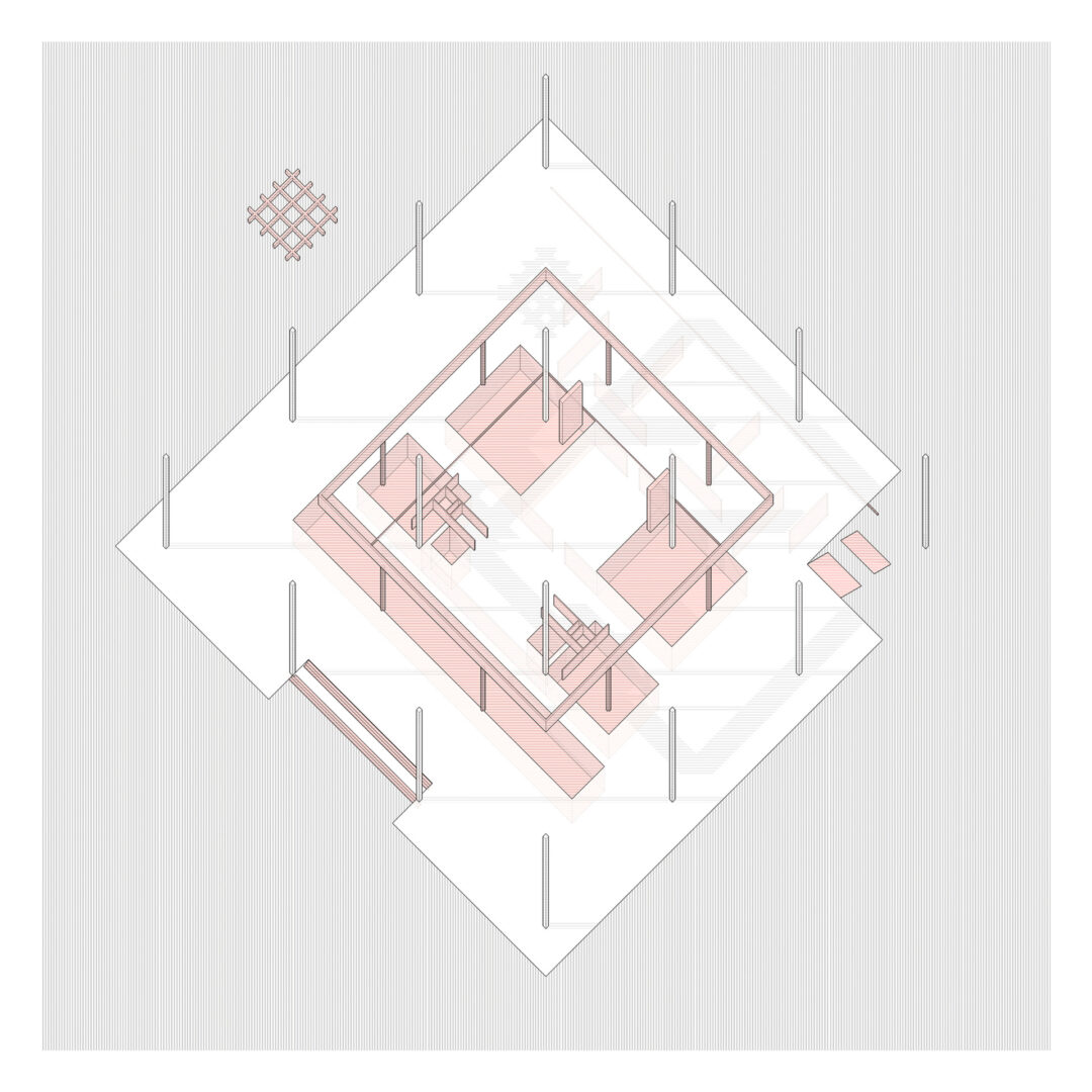 Isometric architectural drawing of a virtual gallery floor plan with pink and white shading, featuring multiple rooms and doorways. Vertical poles and grid lines highlight structural elements, adding depth to the digital space.