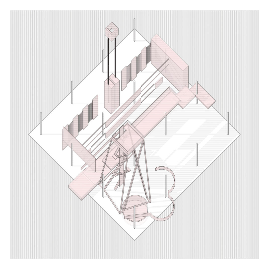 Isometric architectural diagram featuring geometric structures like a tall tower, walls, beams, and a slide. Arranged on a grid-like base with columns, it evokes the feel of a virtual gallery design or conceptual playground.
