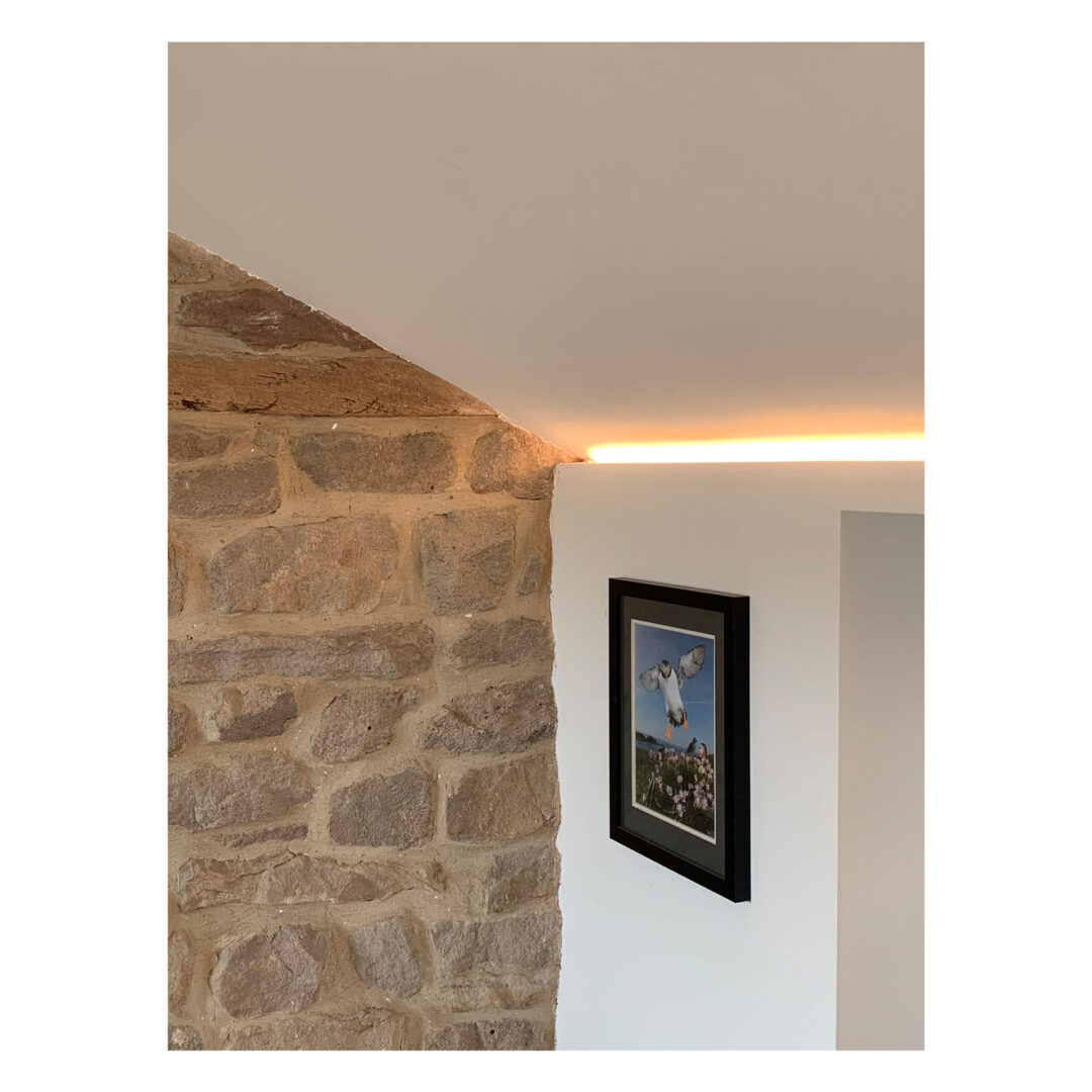 A room corner with a wall of exposed stones meeting a white wall. A framed picture of a bird with outstretched wings is hung on the white wall. Soft lighting emanates from the ceiling edge, casting a warm glow.