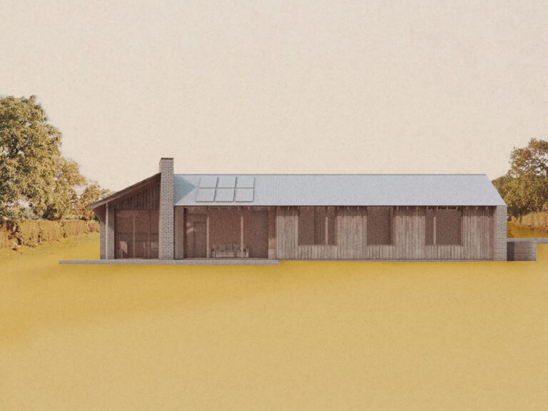 A modern, single-story house with a gabled metal roof, wooden siding, and several large windows is complemented by a stylish house extension. Featuring a visible chimney and solar panels, this home sits on a grassy open field near Bristol, with some trees in the background.