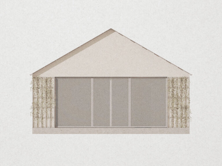 Minimalist architectural drawing of a single-story house extension in Bristol, featuring a triangular roof. The central part showcases a large sliding glass door, flanked by vertical plant-covered sections, set against a plain, light background.