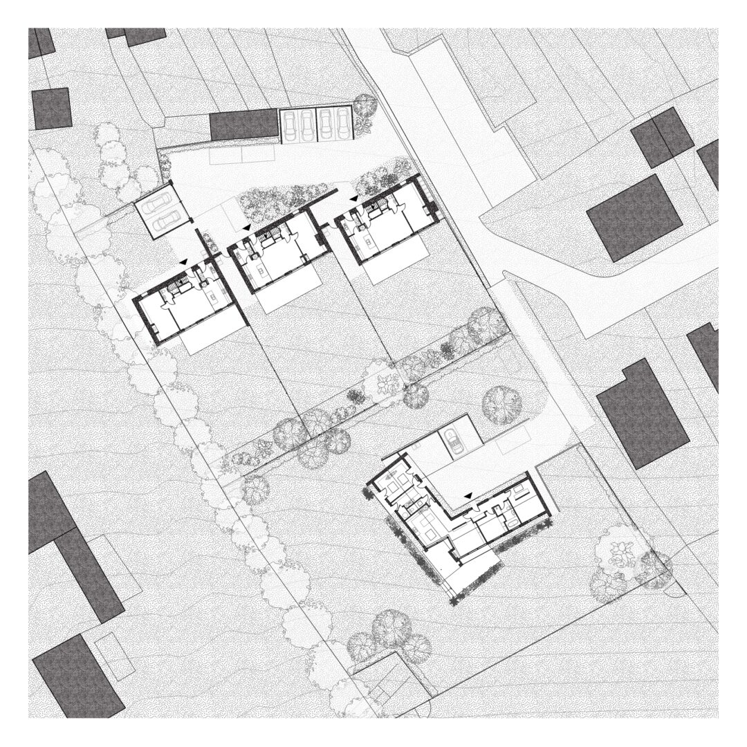 A monochrome architectural site plan shows four houses surrounded by vegetation. The structures are connected by pathways and adjacent to roads. Various trees and shrubs populate the landscape.