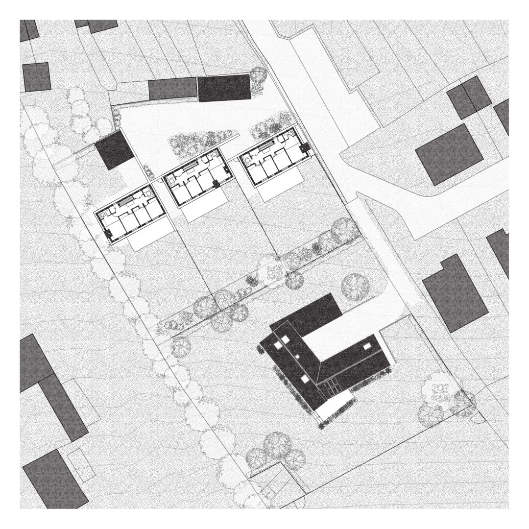 A black and white architectural floor plan shows multiple buildings with distinct rectangular sections, surrounded by trees and pathways. The layout includes shaded areas representing different structures and landscape elements.