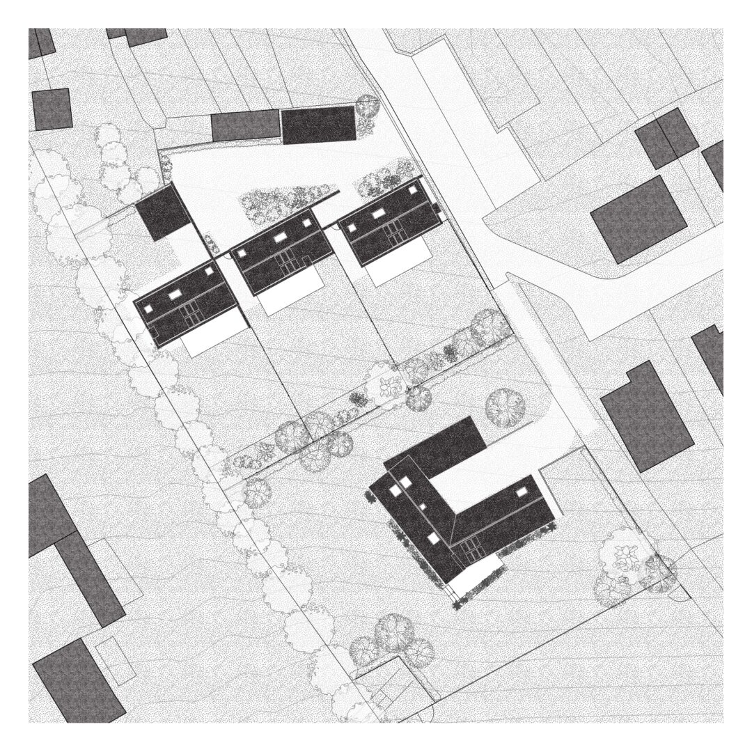 A black and white architectural site plan depicting four houses surrounded by trees and large gardens. The layout includes roads and pathways and other rectangular shapes representing existing structures.