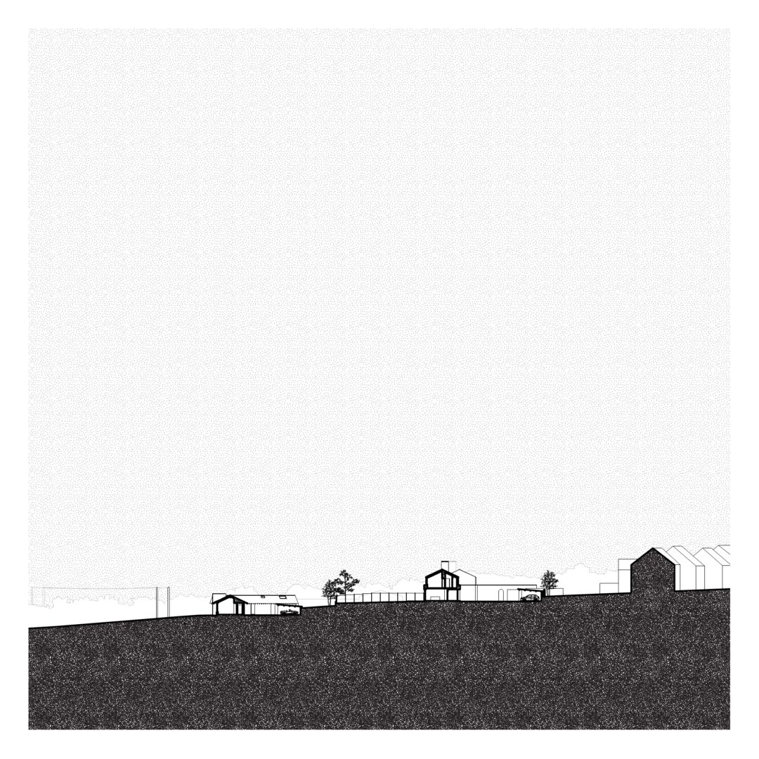 Architectural site section drawing of a rural landscape with houses set into the hillside, surrounded by a few trees, set against a vast white sky and a dark earth-toned ground in the foreground.