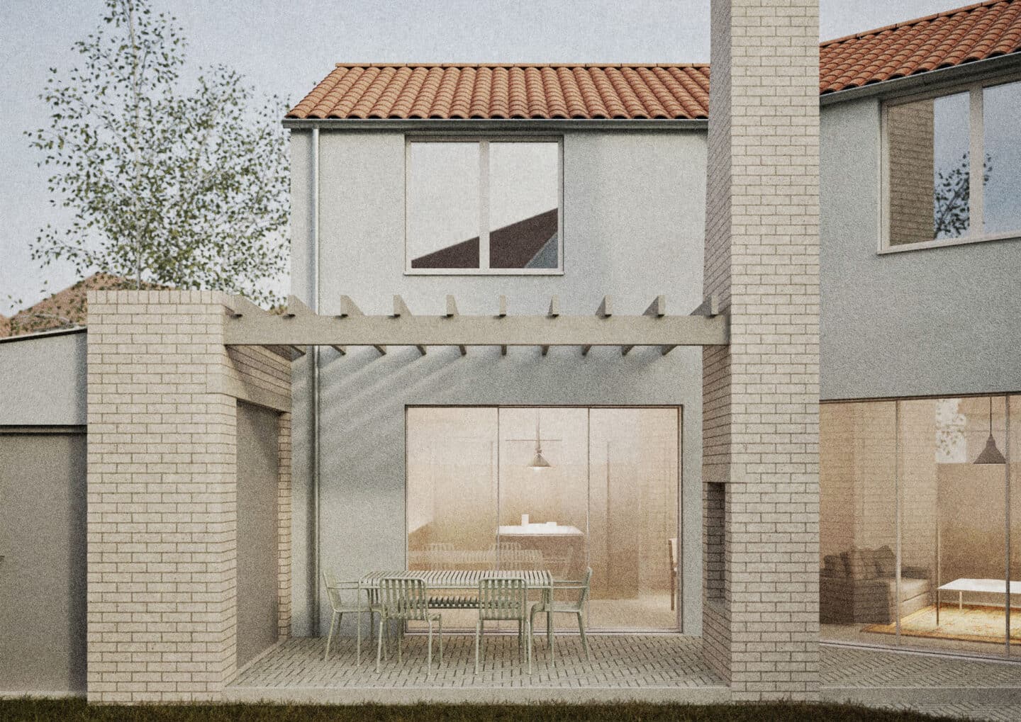 A modern living space features exposed brick walls, large windows, and a high ceiling with geometric designs. It includes a gray sectional sofa and glass coffee table, while carefully planned plant arrangements enhance its relaxed, airy vibe—a testament to thoughtful design and planning.