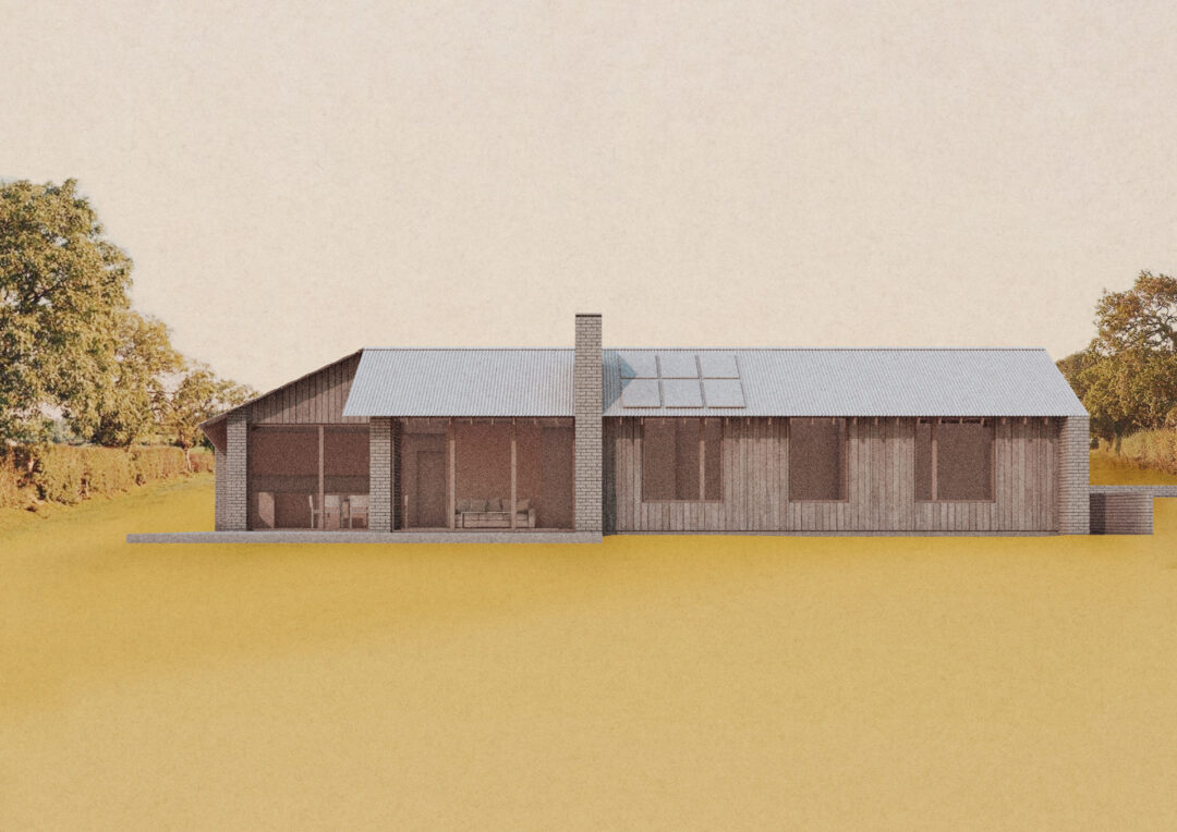 Single-story modern house with a wooden exterior, large windows, and a sloped roof featuring skylights. An extension design complements the existing structure. The house sits on a flat, grassy area with trees in the background under a clear sky. Planning application submission is underway.