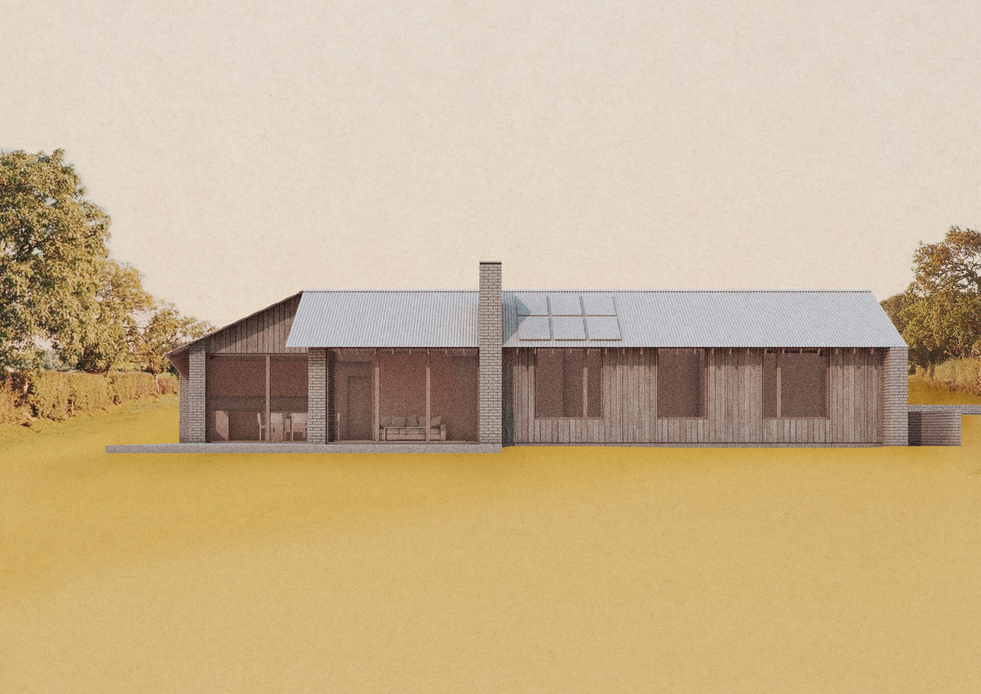 Single-story modern house with a wooden exterior, large windows, and a sloped roof featuring skylights. An extension design complements the existing structure. The house sits on a flat, grassy area with trees in the background under a clear sky. Planning application submission is underway.