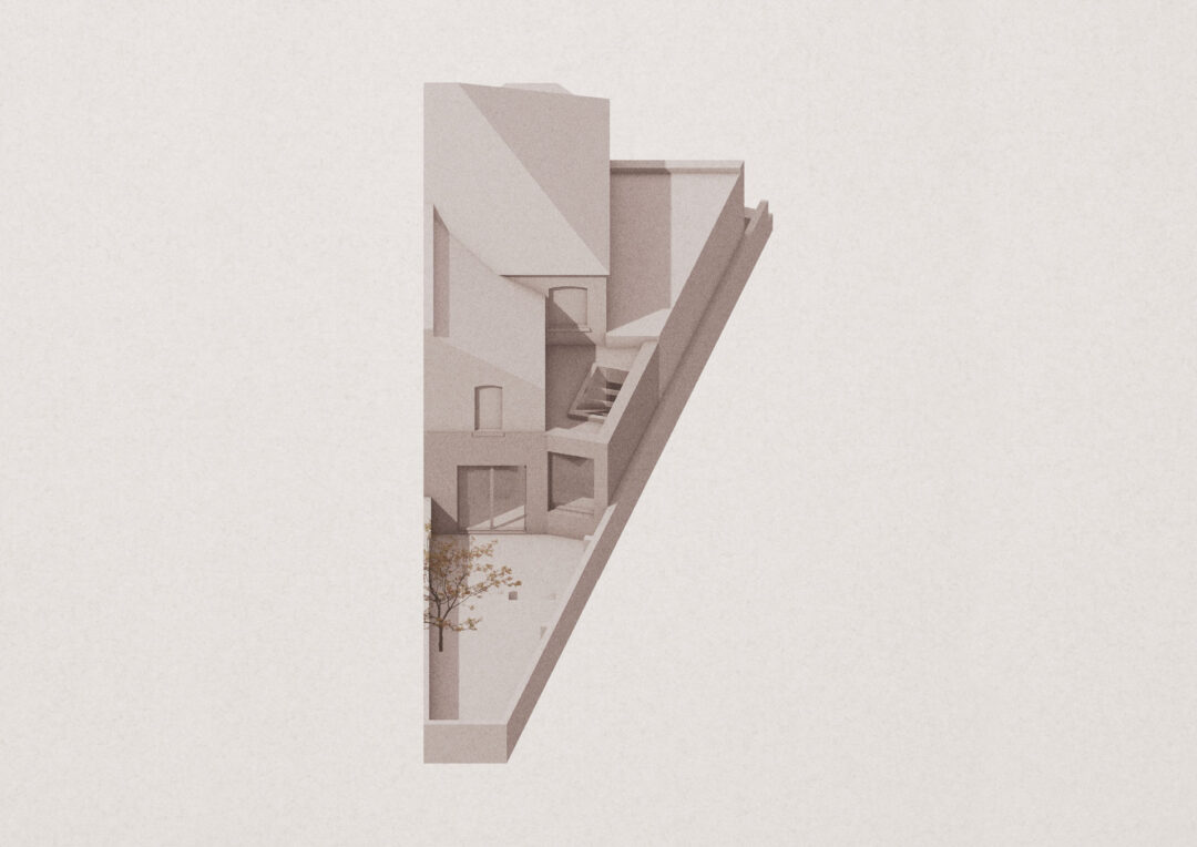 Illustration of a minimalist architectural structure featuring geometric shapes and sloped roofs, an exemplary extension design. Angular walls complement the subtle, monochrome color scheme, with a small tree at the bottom left. Ideal for planning application submission visuals.