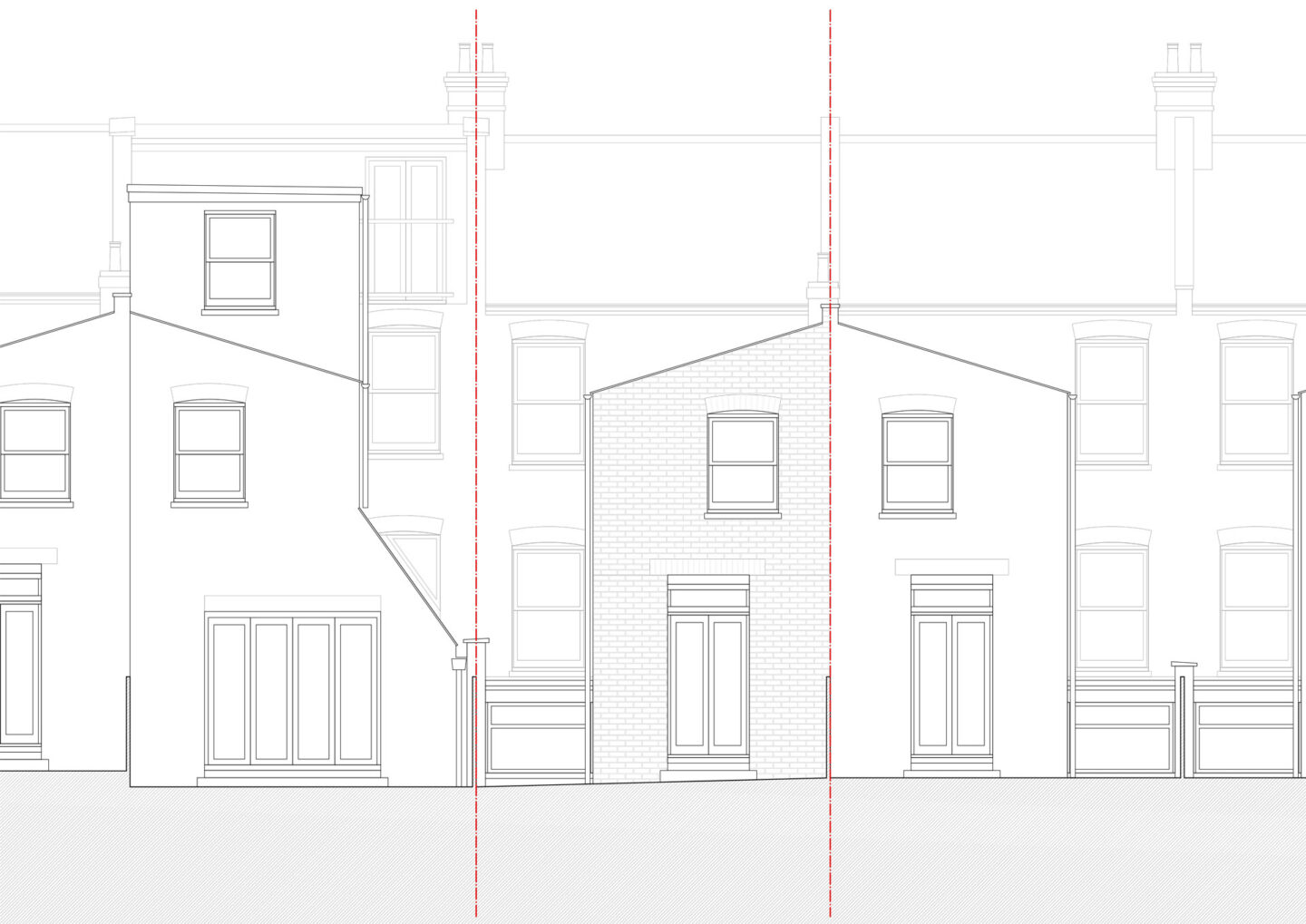 Line drawing of three terraced houses with simple brick and window details. Two dashed red vertical lines highlight property boundaries, illustrating extension design concepts and planning application submission in a minimalist, architectural style.
