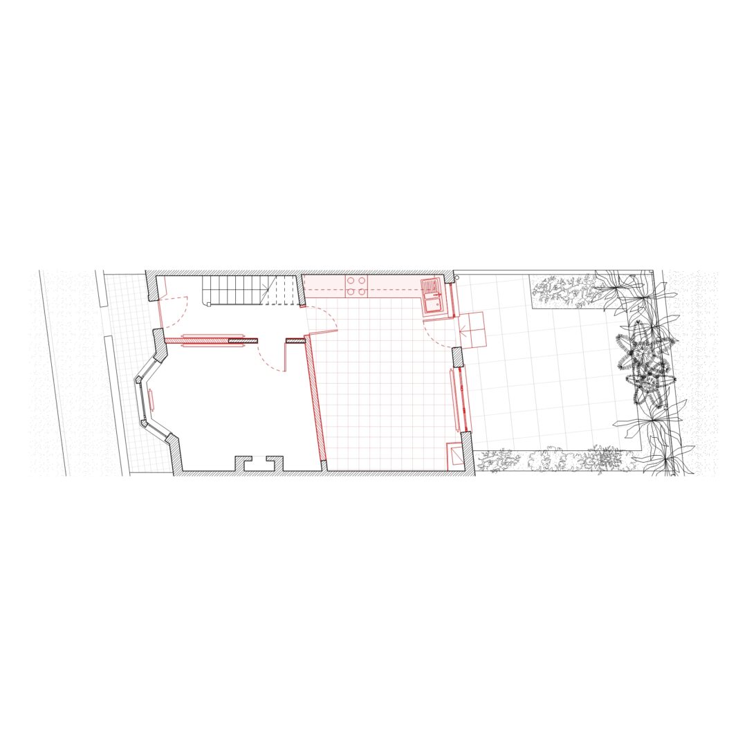 Architectural floor plan of a rectangular building includes rooms with detailed measurements and annotations. Features a kitchen with appliances, living space, and adjacent outdoor area with landscaping.