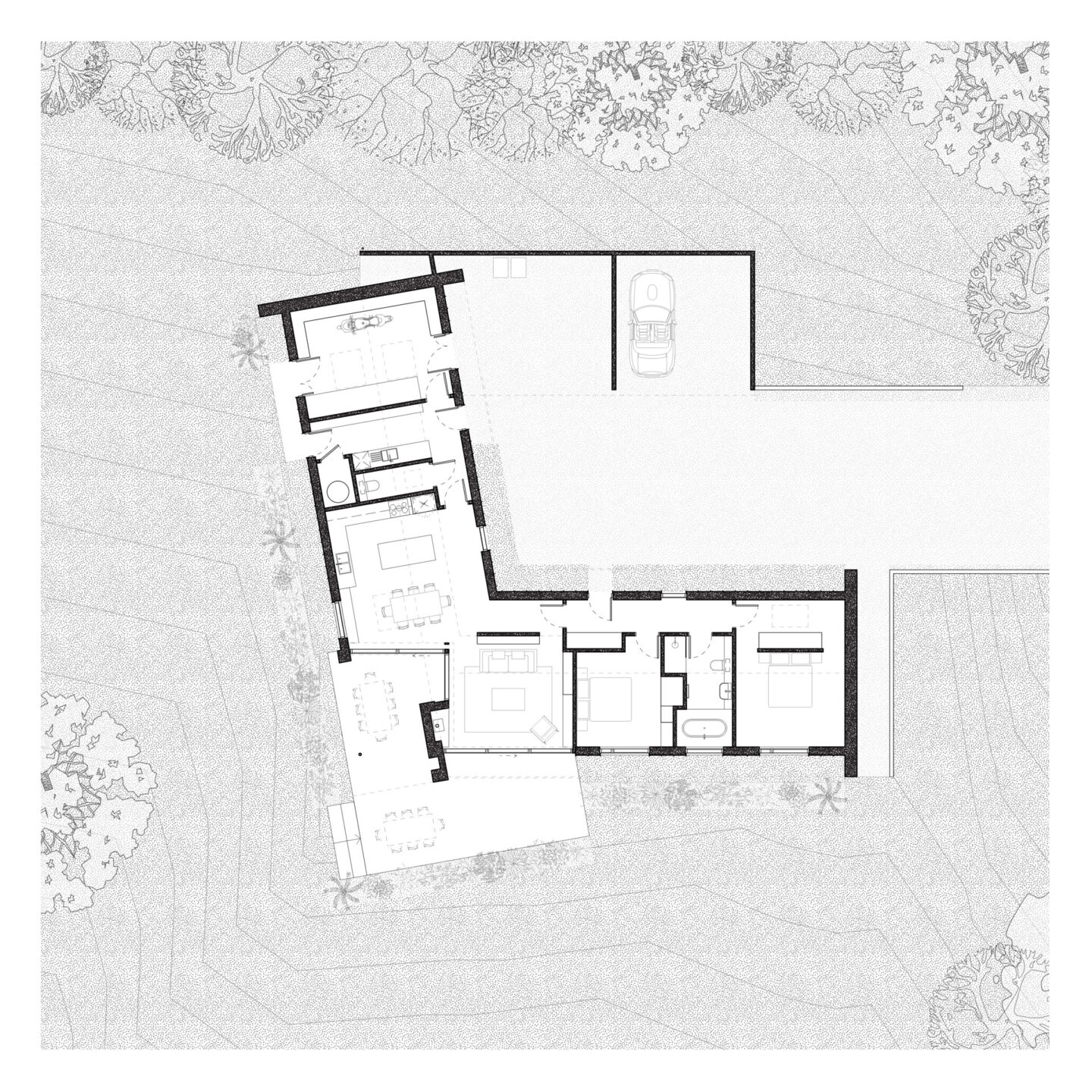 A detailed architectural floor plan of a modern single storey house with two bedrooms, two bathrooms, a spacious open plan kitchen and living area and workshop. The design includes a connected garage, large fireplace and landscaped garden.