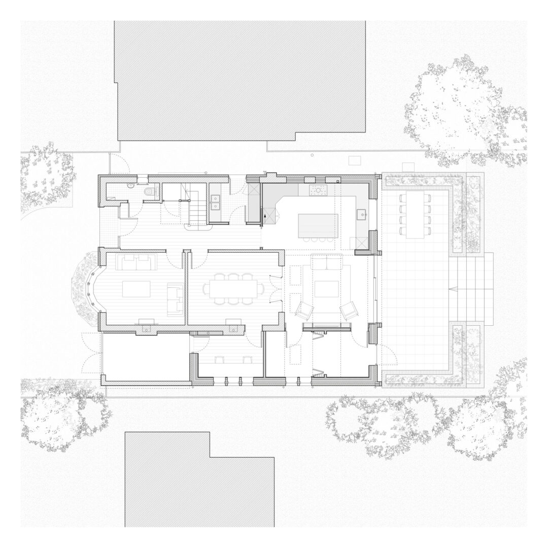 Black and white architectural floor plan by a residential architect, showing a single-storey house layout with rooms, furniture, outdoor patio, and surrounding landscaping.