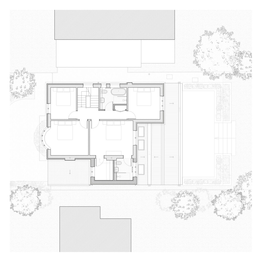 Architectural floor plan by a residential architect, showing a rectangular building with multiple rooms, adjoining outdoor spaces, and surrounding landscaping.