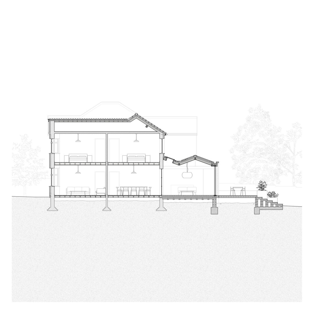 Black and white architectural section drawing of a two-storey building by a residential architect, featuring visible interior rooms, structural elements, and surrounding trees.