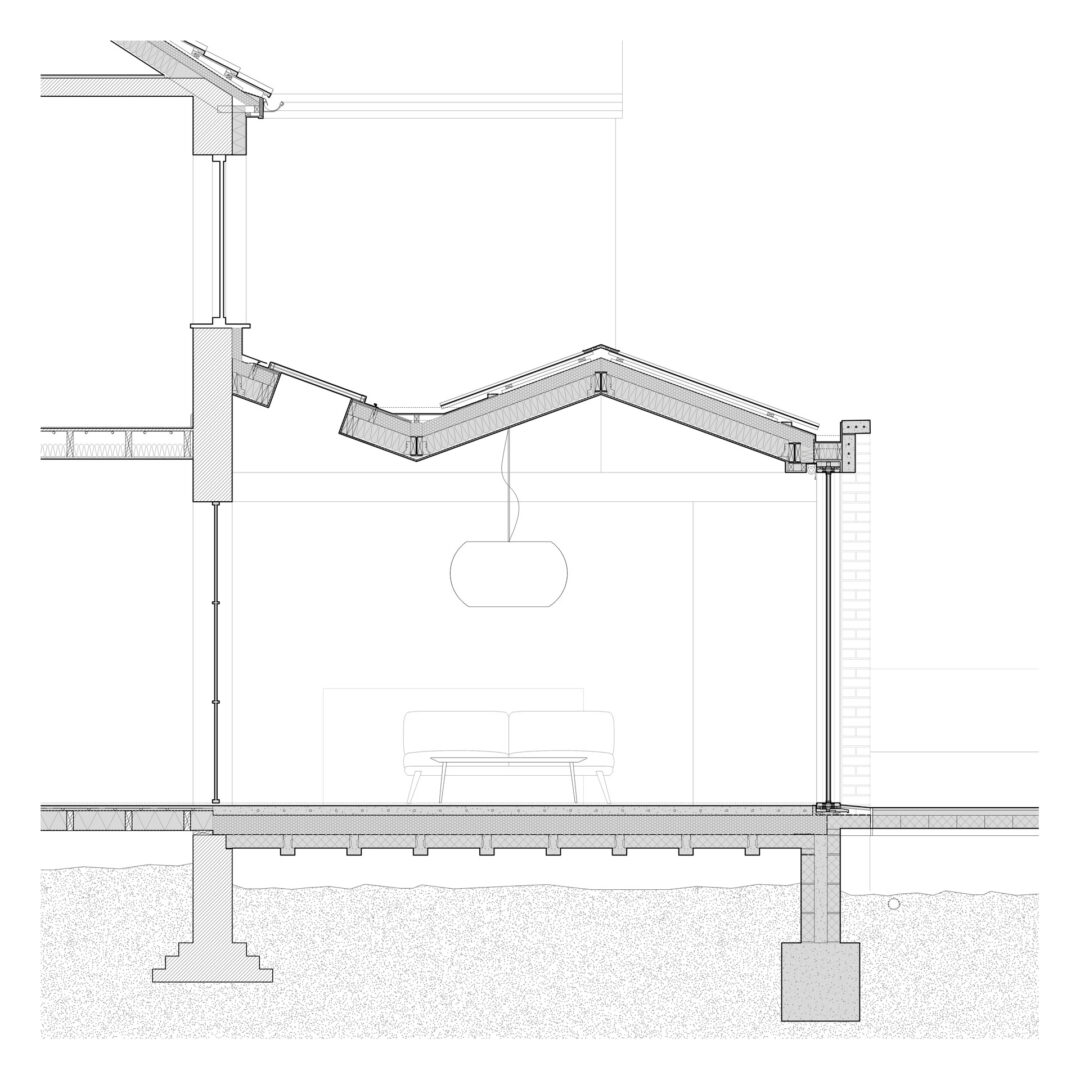 Architectural section drawing by a residential architect showing structural details of a house, including foundation, walls, roof structure, and interior furnishings like a sofa and pendant light.