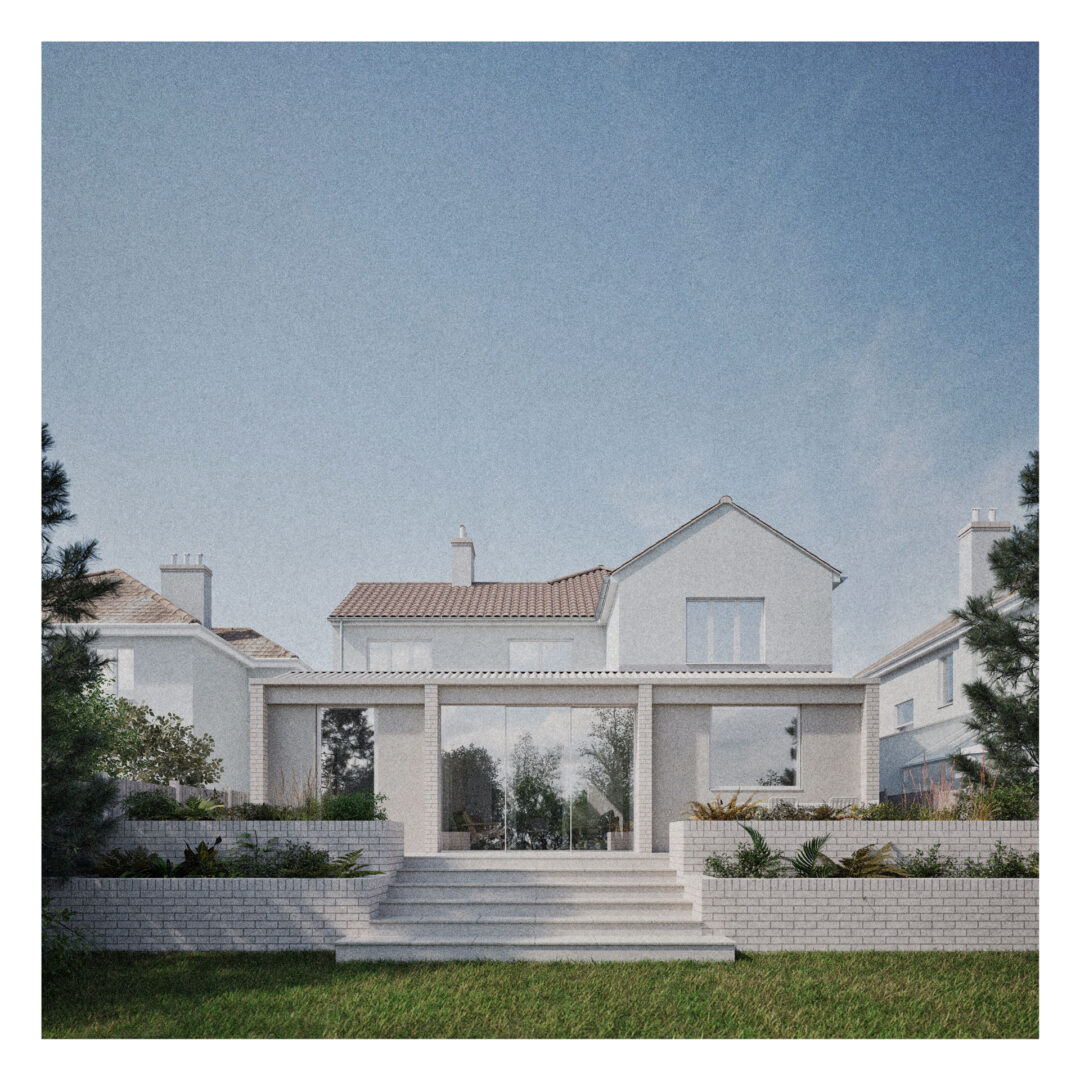 A modern two-storey house designed by a residential architect features large windows, a brick terrace, and landscaped steps leading up from a grassy garden, all set against a clear blue sky.