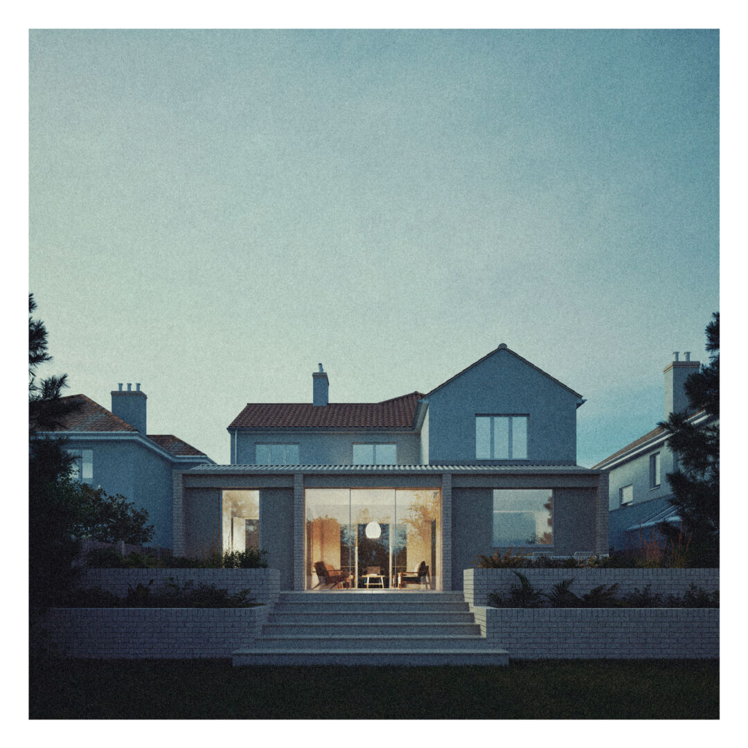 A modern two-storey house designed by a skilled residential architect, featuring large glass windows and a patio, viewed from the back garden at dusk.