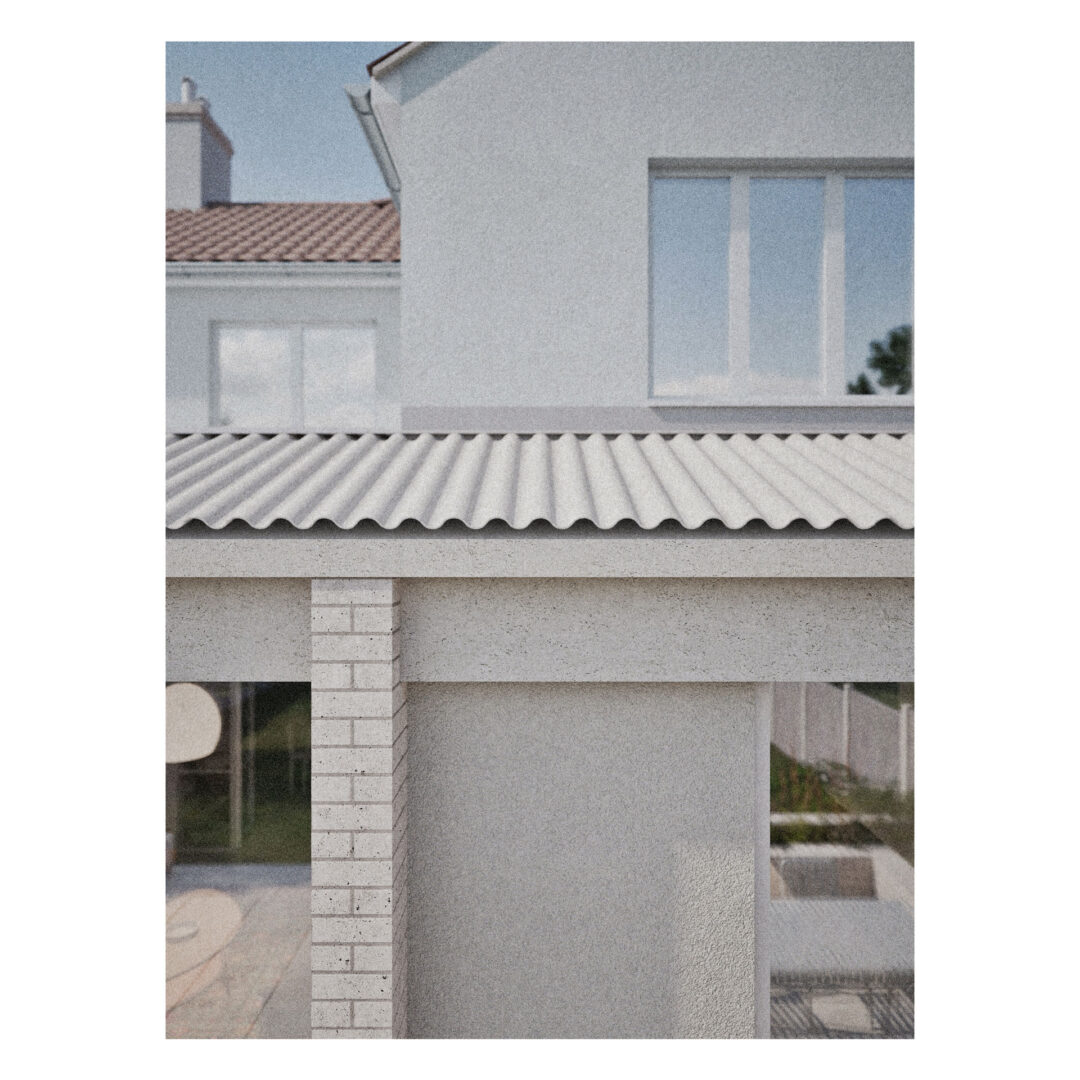The image shows the exterior of a modern house designed by a residential architect, featuring a white textured wall, corrugated roof panels, and a vertical brick column. Large windows are visible in the background.