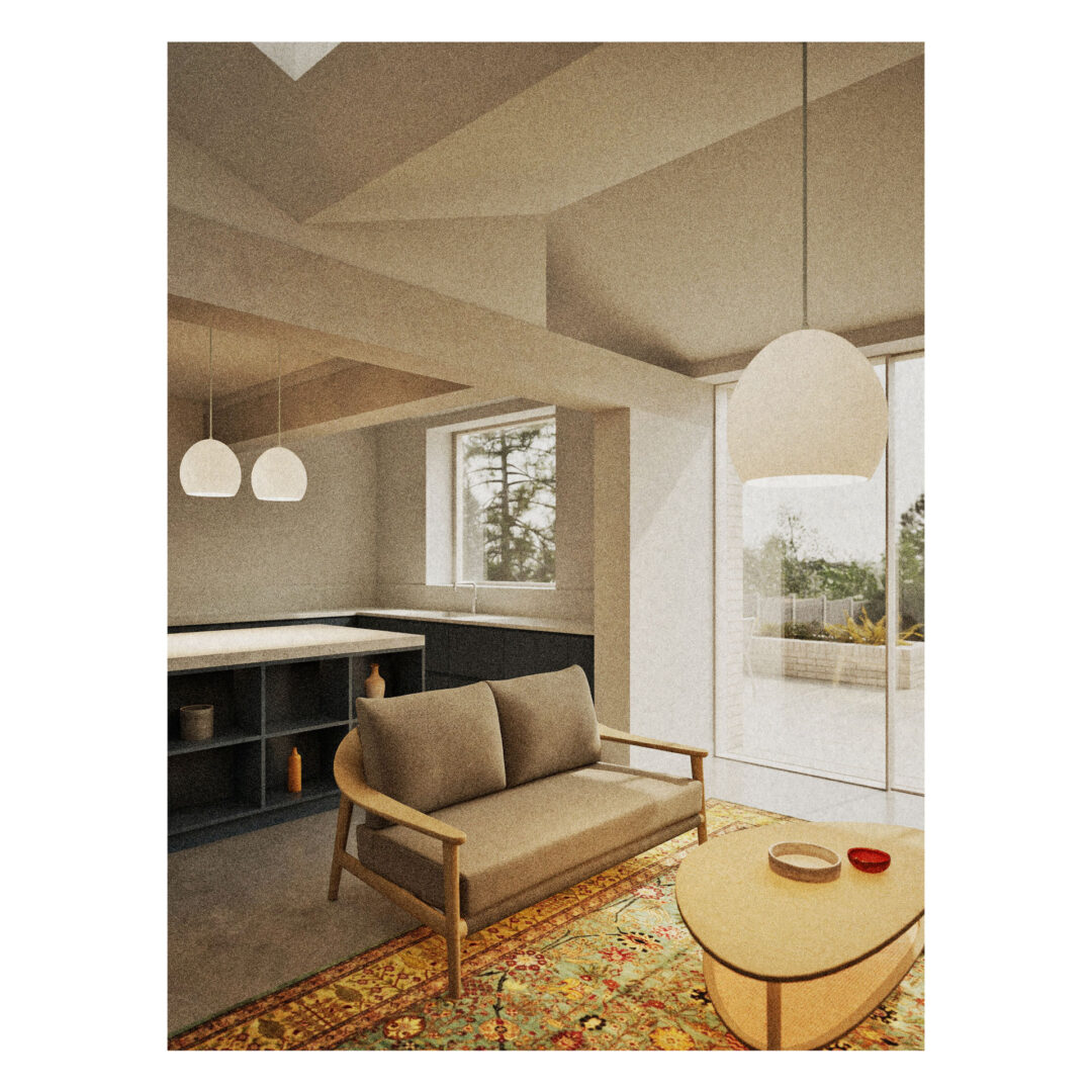 A modern living room designed by a residential architect, featuring a sofa, oval coffee table, patterned rug, pendant lights, built-in shelving, and large windows letting in natural light.