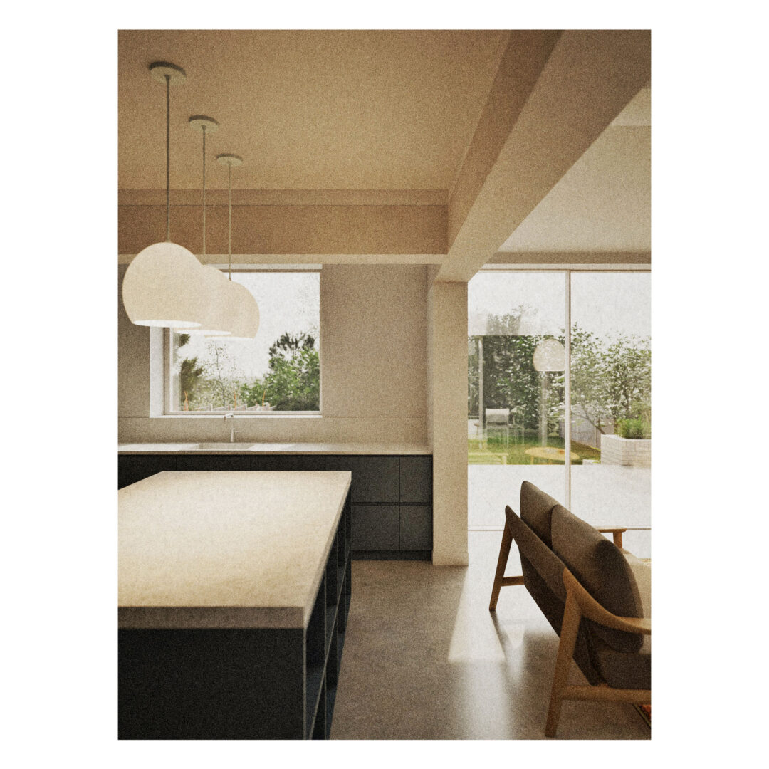 Modern kitchen and living area designed by a residential architect, featuring pendant lights, an island worktop, a sofa, large windows, and a view of the garden outside.