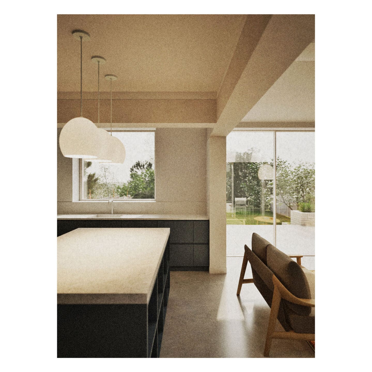 Modern kitchen and living area designed by a residential architect, featuring pendant lights, an island worktop, a sofa, large windows, and a view of the garden outside.