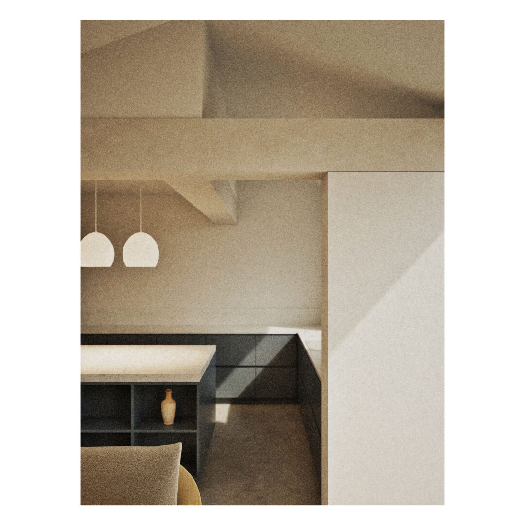 Minimalist kitchen interior designed by a residential architect, featuring two pendant lights, a worktop, dark cupboards, and a single vase on a shelf, all illuminated by natural sunlight.