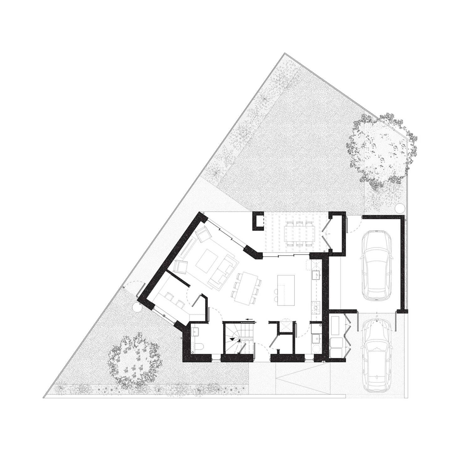 Black and white architectural floor plan by a residential architect, showcasing a house with a lounge, kitchen, dining area, double garage, and garden spaces on a triangular plot. The plan features detailed interior layouts and exterior landscaping.
