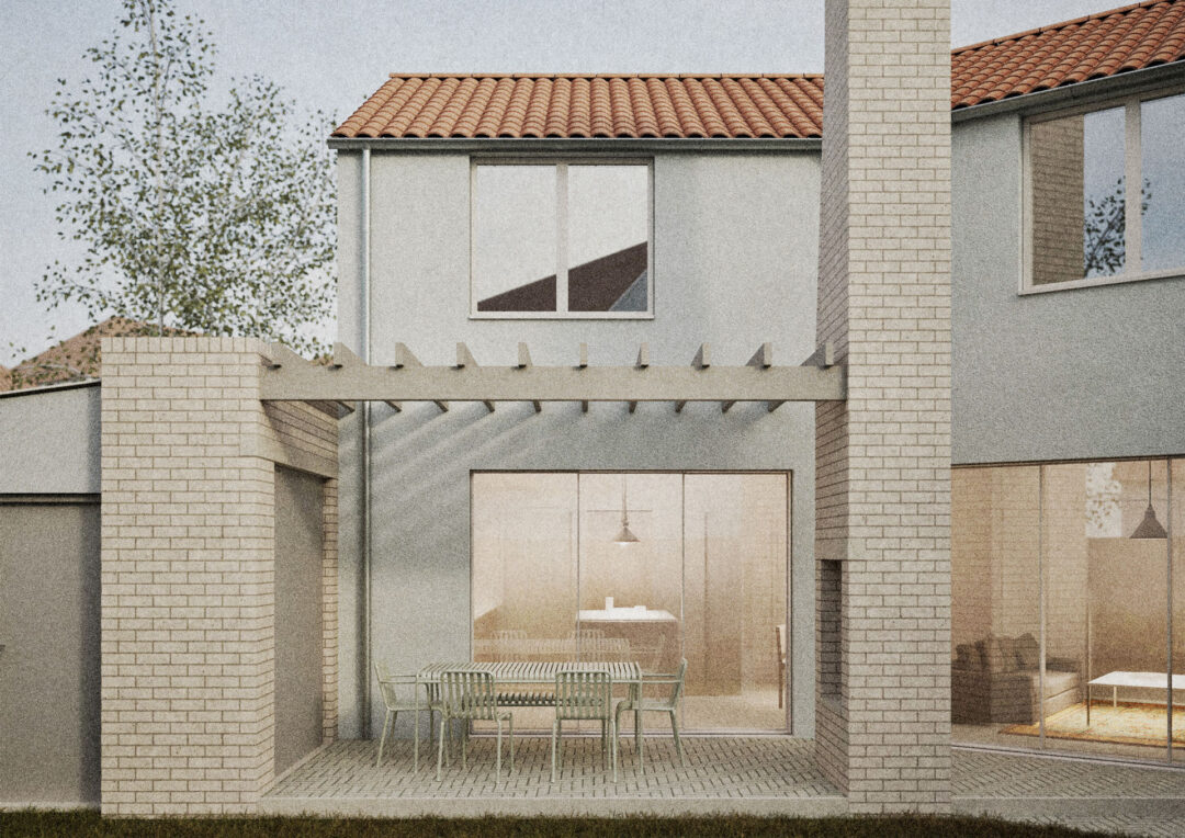 A modern house with light brick walls and red roof tiles features large glass doors, an outdoor dining area under a wooden pergola, and a chimney, with warm light shining from inside—ideal for extension design or planning application submission.