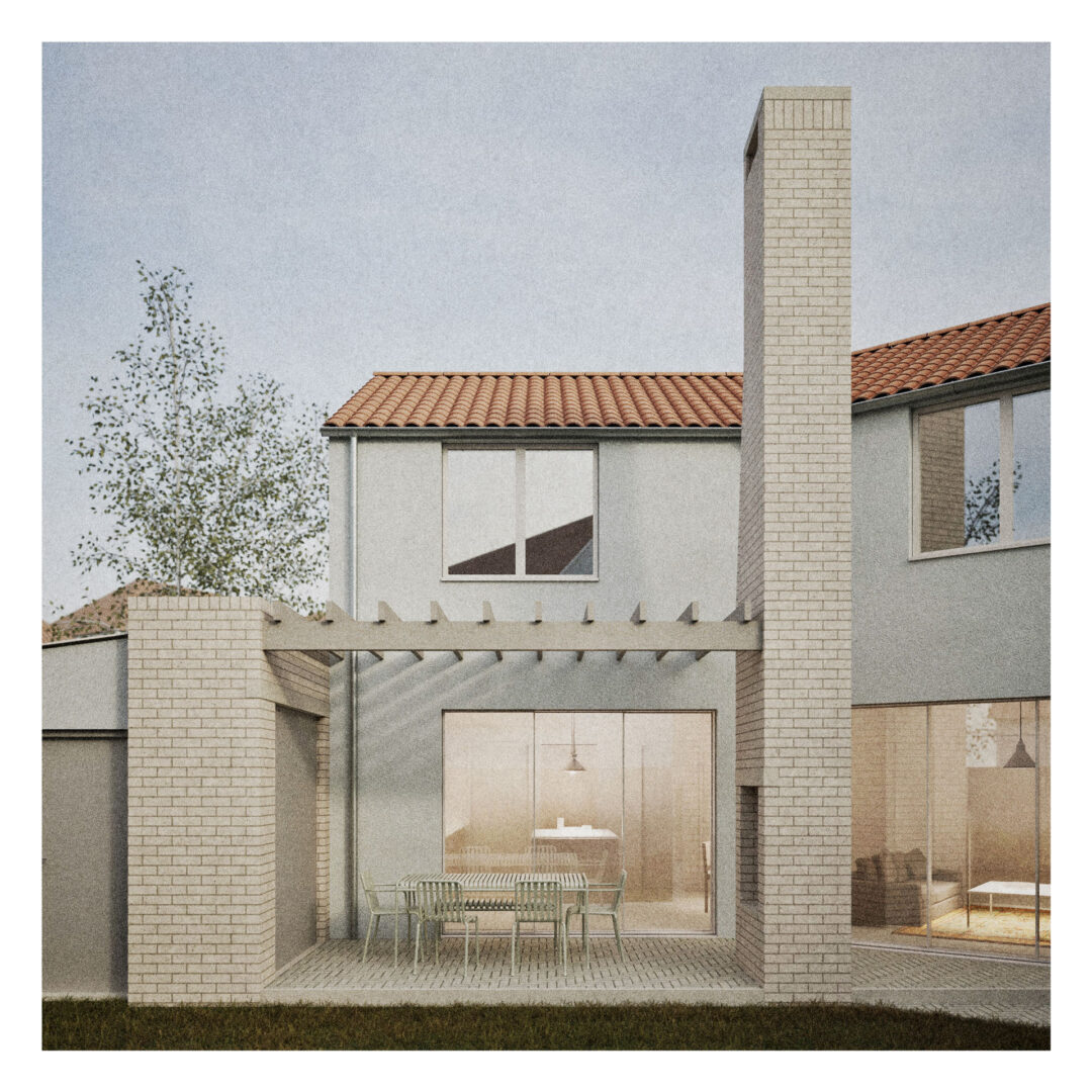 Modern two-storey house, designed by a skilled residential architect, features large windows, a red tiled roof, and an outdoor patio with a pergola, dining table, and brick chimney.