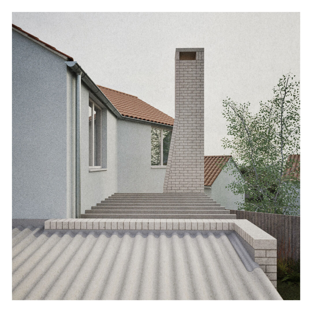 A modern house, designed by a residential architect, features light-coloured brick and concrete elements, a distinctive twisted chimney, red-tile roof, and trees in the background.